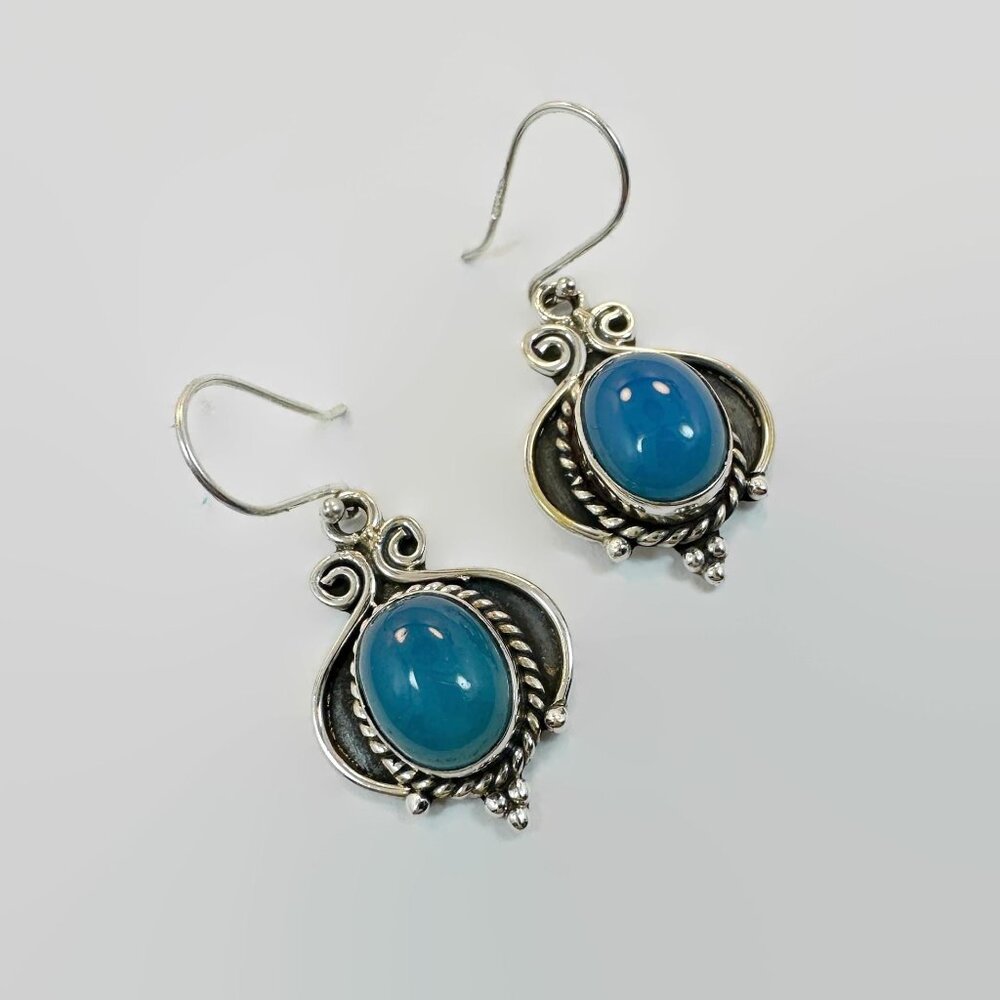 Chalcedony Earrings, Sterling Silver, Pierced, Blue Stone, Dangle, Ear Wire